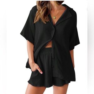 2 Piece Womens Outfit Sets Button Down Shirts and Shorts Casual Lounge Sets